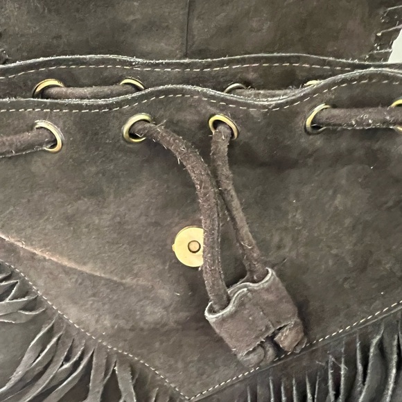 Suede festival Backpack/purse bag in dark brown with fringe - Picture 5 of 8